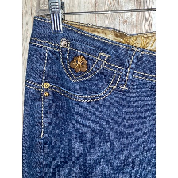 Women's House of Deréon Beyoncé Denim Blue Jeans Size 5/6 Gold Thick Stitch - Picture 6 of 13